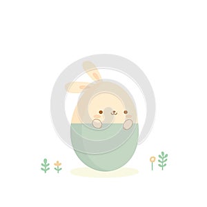 Cute Easter bunny sitting in an egg shell on spring meadow in kawaii style. Small tender flowers and plants. Happy holiday card