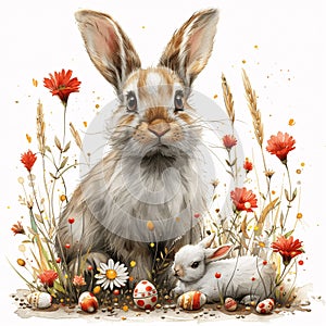 Cute Easter Bunny surrounded by vibrant spring flowers.