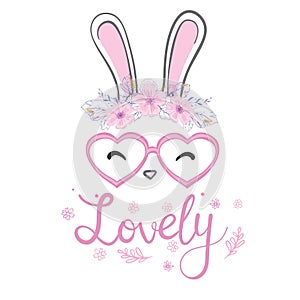 Cute easter bunny vector illustration, hand drawn face of bunny. Ears and tiny muzzle with whiskers. Isolated on white