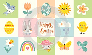 Cute Easter Characters on pastel checkered background