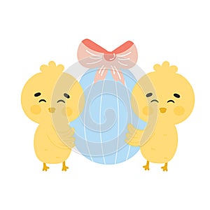 Cute Easter chick charactes holding easter egg with bow for kids illustration, design element