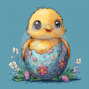Cute Easter chick hatching from decorated egg surrounded by flowers