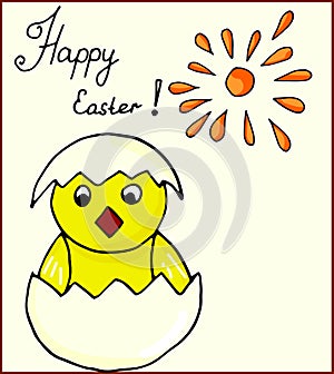 Cute Easter chicken baby inside cracked egg - flat color line icon on isolated background
