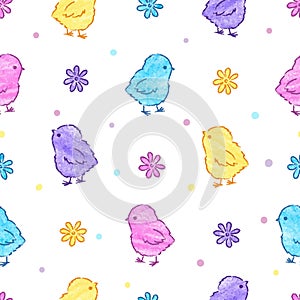 Cute Easter chickens pattern. Vector colorful seamless background.