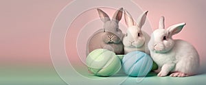 Cute Easter colorful bunnies are sitting in a row. AI generated