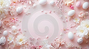 Cute Easter composition with eggs and plants on a pink background