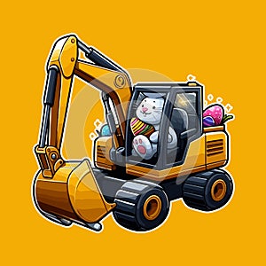 Cute Easter crazy rabbit riding Excavator illustration