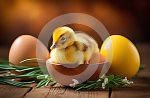 Cute Easter duckling seating near colored eggs