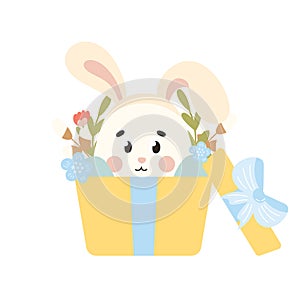 Cute Easter egg character with bunny ears in gift box with flowers, design element for spring themed invitations