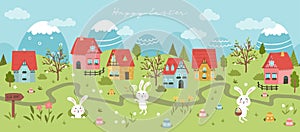 Cute Easter Egg hunt design for children, hand drawn with cute bunnies, eggs and decorations