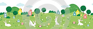 Cute Easter Egg hunt design for children, hand drawn with cute bunnies, eggs and decorations
