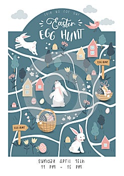 Cute Easter Egg hunt design for children, hand drawn with cute bunnies, eggs and decorations - great for party invitations,