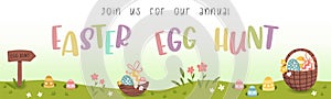 Cute Easter Egg hunt design for children, hand drawn with cute bunnies, eggs and decorations - great for party invitations,