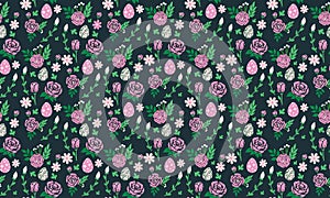 Cute Easter egg pattern background, with leaf and flower design