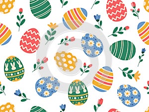Cute Easter egg and spring flower seamless pattern..