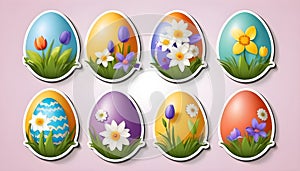 Cute easter eggs with flowers, in sticker style