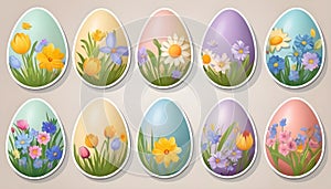 Cute easter eggs with flowers, in sticker style