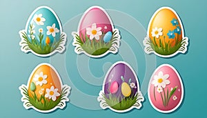 Cute easter eggs with flowers, in sticker style