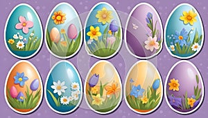 Cute easter eggs with flowers, in sticker style