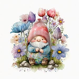 Cute Easter garden gnome with a spring flowers, watercolor Generative ai illustration isolated on white