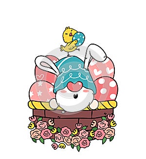 Cute easter Gnome bunny ears cartoon and yellow chick baby in Easter egg basket. Happy Easter, Cute doodle cartoon vector spring