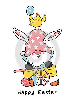 Cute Easter Gnome bunny ears cartoon and yellow chick baby on wooden cart with Easter eggs. Happy Easter, Cute doodle cartoon