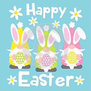 Cute Easter gnomes with bunny ears holding eggs vector illustration. Happy Easter card in cartoon childish style