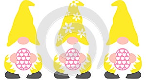 Cute Easter gnomes Svg cut file. Three Easter gnomes holding eggs vector illustration isolated on white background