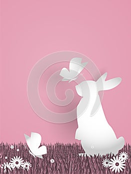 Cute Easter greeting background with rabbit and butterfly.