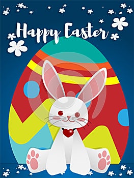 Cute Easter greeting background with rabbit and Easter eggs with Happy Easter text.