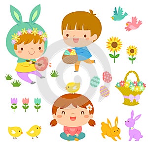 Cute Easter kids and icons