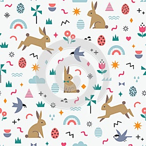 Cute Easter pattern with bunnies and geometric shapes