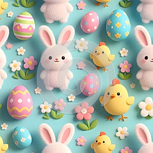 The Cute Easter Pattern with Fluffy Bunnies and Chicks