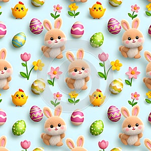 The Cute Easter Pattern with Fluffy Bunnies and Chicks