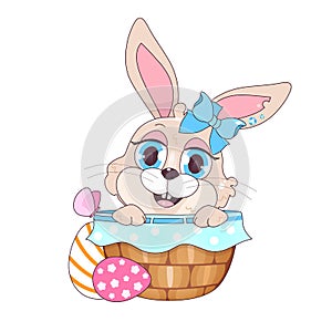 Cute Easter rabbit in basket with eggs kawaii cartoon vector character