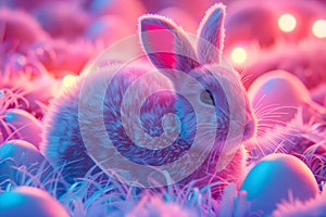 Cute Easter rabbit with decorated eggs on magic field with colorful neon lights. Little bunny in the meadow