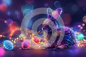 Cute Easter rabbit with decorated eggs on magic field with colorful neon lights. Little bunny in the meadow