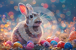 Cute Easter rabbit with decorated eggs on magic field with colorful neon lights. Little bunny in the meadow