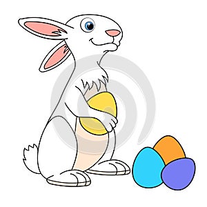 Cute easter Rabbit with eggs. Cartoon character Hare. Template of farm animal. Education card for kids learning animals.