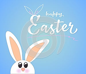 Cute Easter rabbit. Lettering Happy Easter on blue background, illustration.