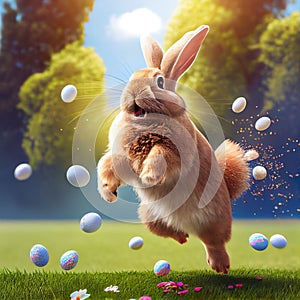 Cute easter rabbit throwing painted eggs through the air in the green park in spring AI Generated