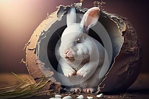 Cute easter realistic bunny rabbit inside a cracked egg. Happy easter concept