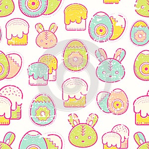 Cute Easter seamless pattern with Easter eggs, rabbit, Easter bunny and Easter cakes