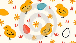 Cute easter seamless vector pattern illustration with colorful egg, yellow daisy flowers and little chicken on white background