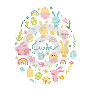 Cute Easter set with bunny, eggs, rainbow, flowers