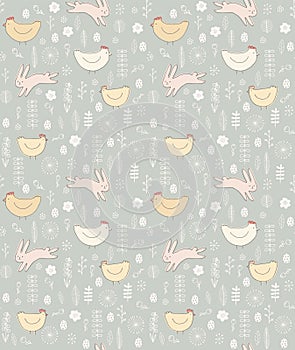 Cute Easter Theme Vector Pattern. Lovely Hand Drawn Rabbits and Hens.