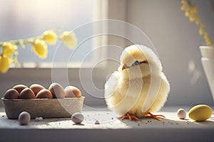 A Cute Easter yellow chicken in the white kitchen near a sunny window. Generative AI