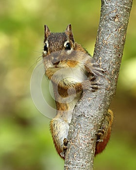 Cute eastern chipmunk clinging to sapling