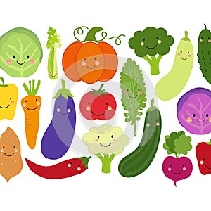 Cute Eat Veggies background with smiling cartoon characters of vegetables