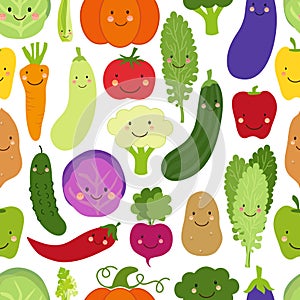 Cute Eat Veggies seamless background with smiling cartoon characters of vegetables